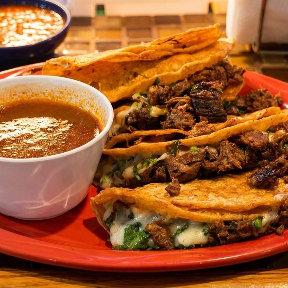 A red plate holds several cheesy birria tacos with a side of consommé and salsa.